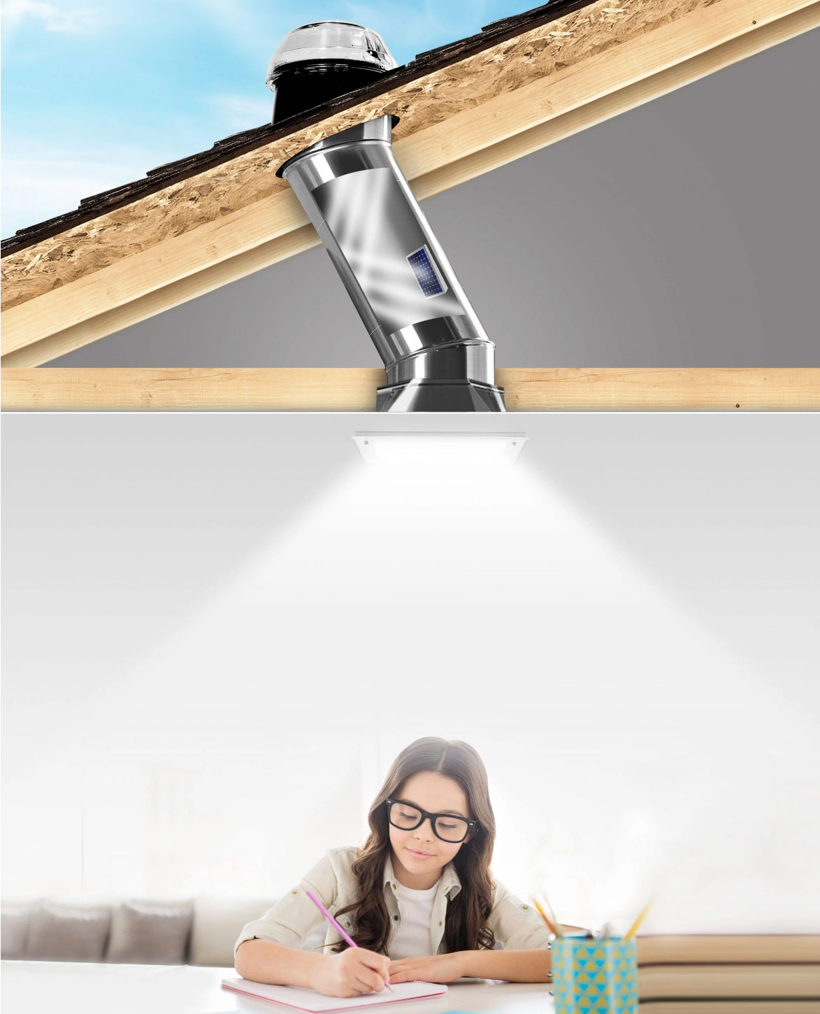 Tubular skylights with girl writing.